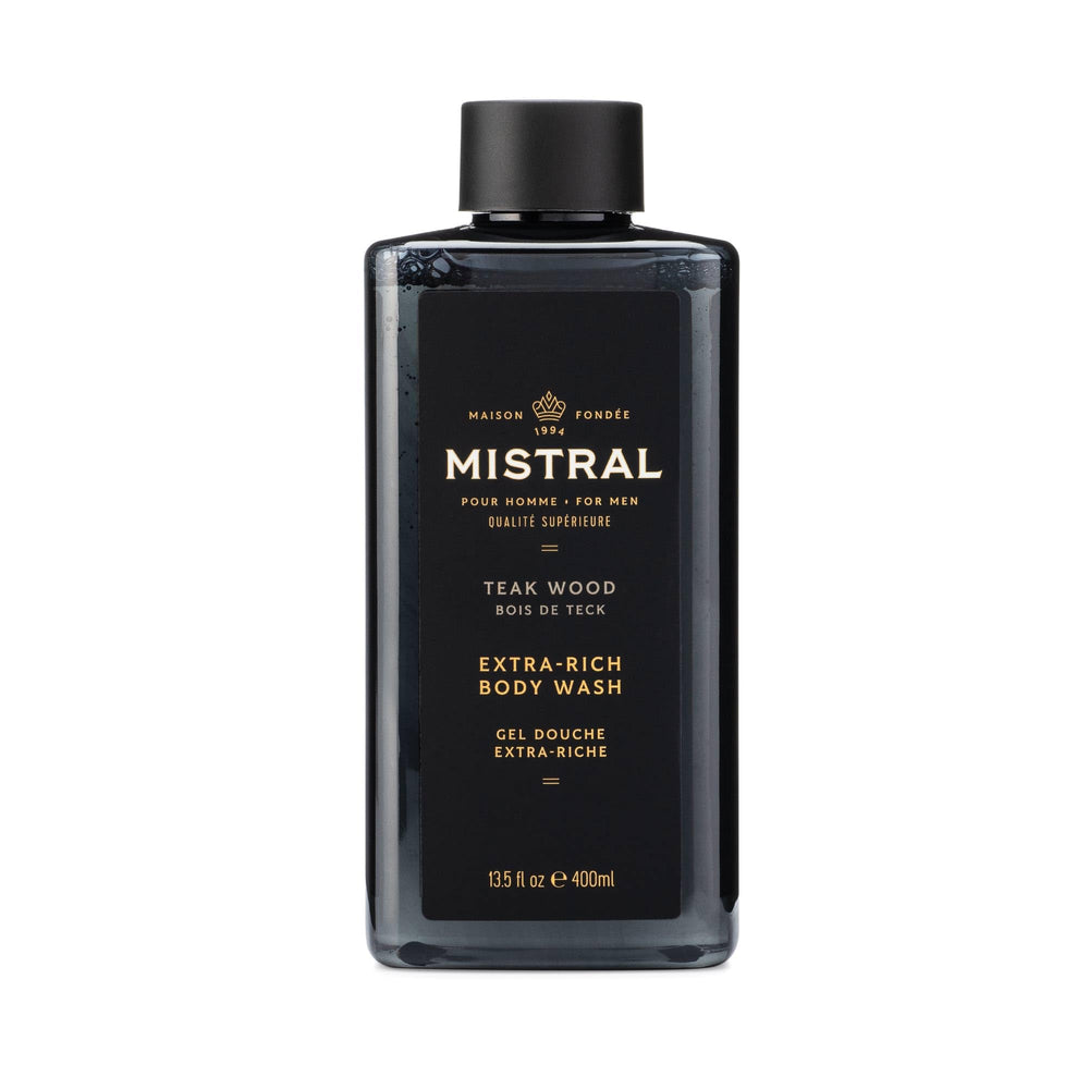 Mistral Teakwood 2-in-1 bottle front view with lasting aroma for daily grooming.
