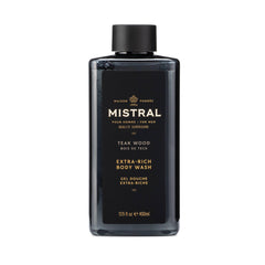 Mistral Teakwood 2-in-1 bottle front view with lasting aroma for daily grooming.