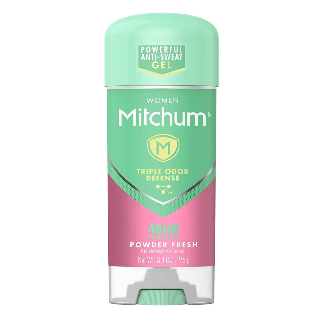 Mitchum Power Gel four-pack bottles with quick-drying formula for all-day freshness.
