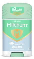 Mitchum Stick Unscented 41g for continuous odor control and mess-free application.