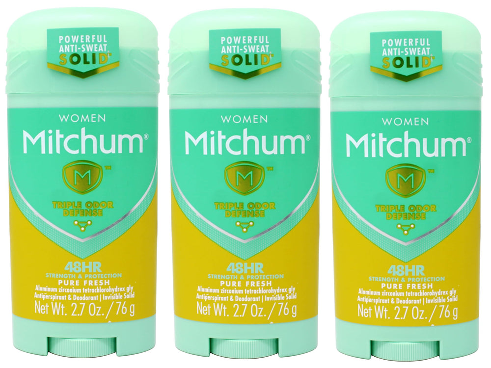 Mitchum Women Triple Odor Defense Pure Fresh pack of three bottles ready for long-lasting freshness.