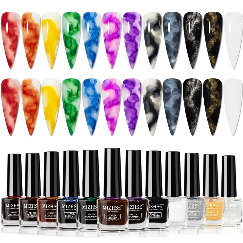 MIZHSE marble nail polish set in box showing twelve colors for at-home art