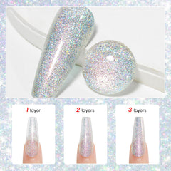 Brush applying MIZHSE Rainbow Glitter Nail Polish for quick layers.