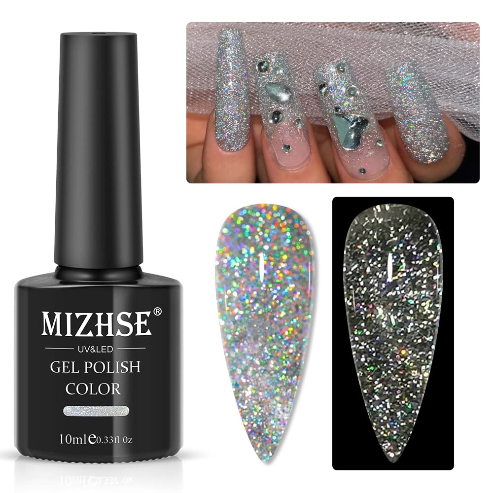 MIZHSE Silver Sparkle Gel Nail Polish for radiant day and night shine.