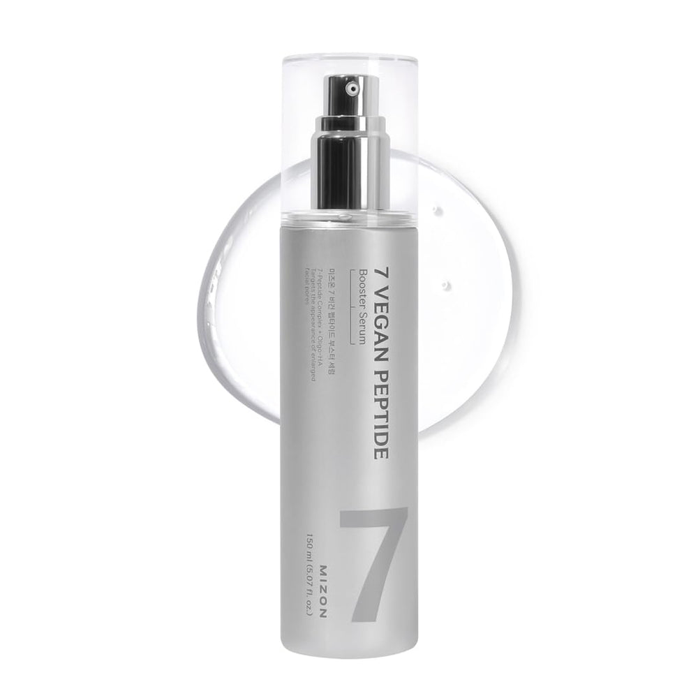 MIZON 7-Peptide Booster Serum bottle close-up showing vegan formula for radiant skin