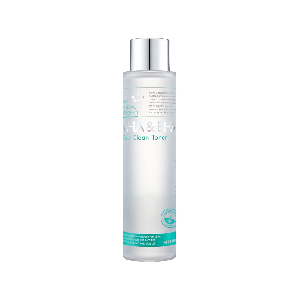 MIZON AHA&BHA Daily Clean Toner bottle pour for gentle exfoliation and smoother skin.