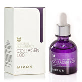 MIZON Collagen 100 ampoule bottle close-up showing a firm look.