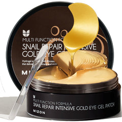 MIZON under-eye patches with 24K gold and snail mucin for hydration.