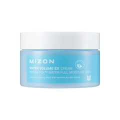 MIZON Water Volume EX Cream jar closeup showing hydrating formula for soft, dewy skin.
