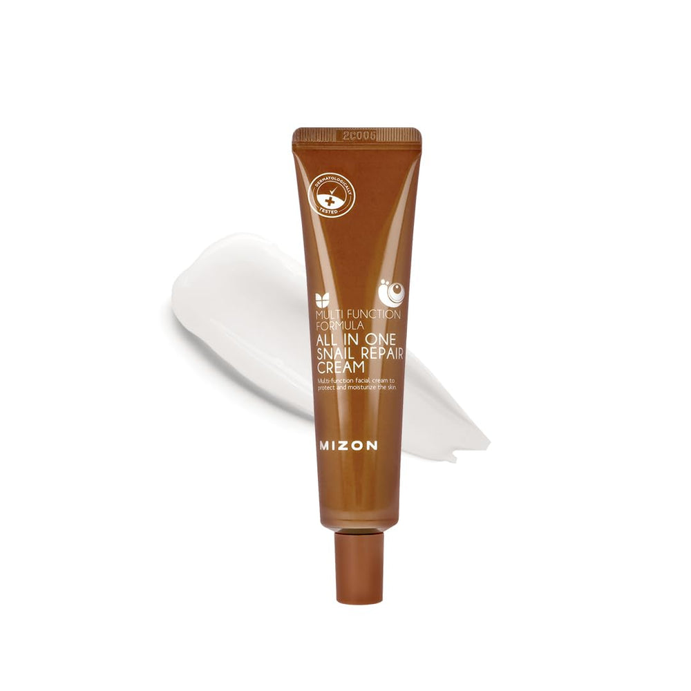 MIZON All-in-One Snail Repair Cream packaging shown for easy travel skincare.