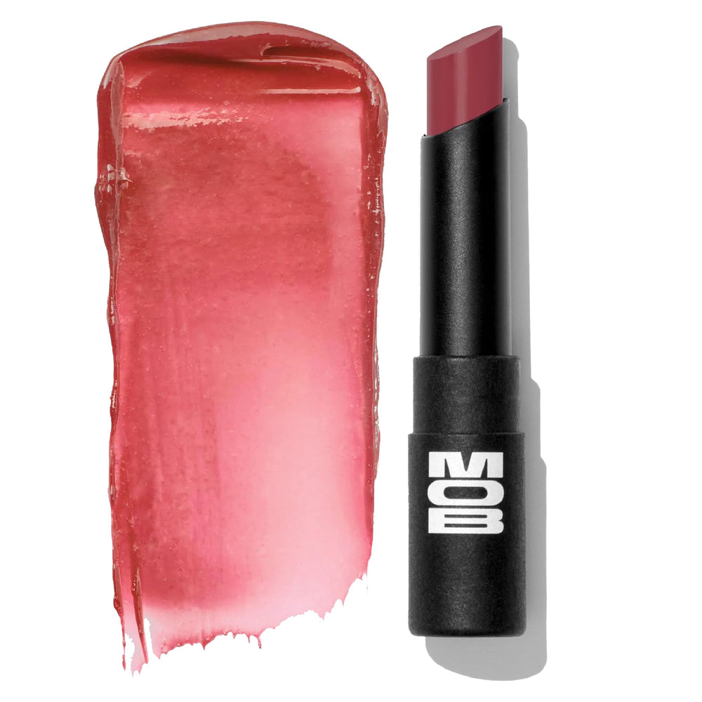 MOB Beauty Hydrating Shine Lip Balm M24 Plum swatch on skin showing a soft tint and glow.