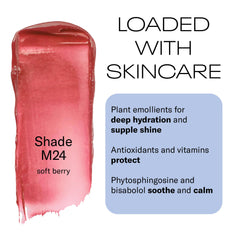 MOB M24 Plum lip balm tube close-up with a glossy finish for silky shine.
