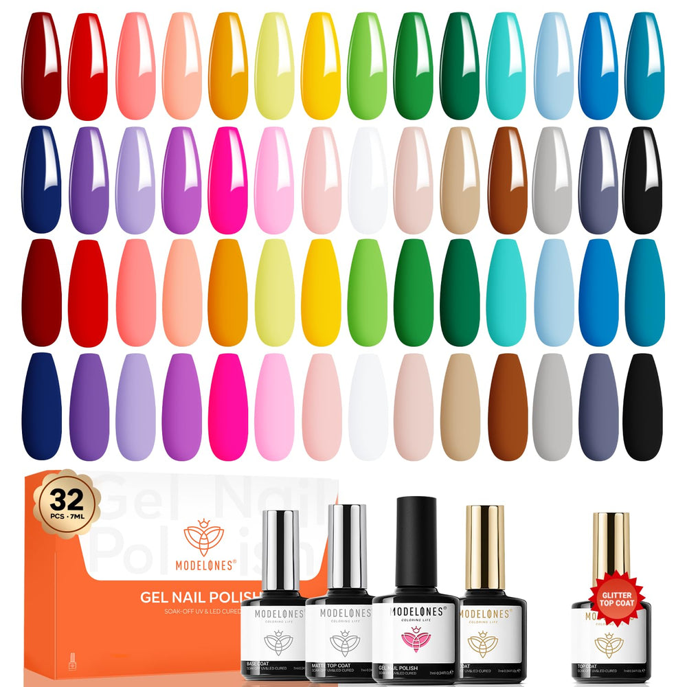 Modelones 32-piece gel nail polish set shown for versatile salon-at-home colors