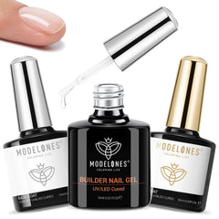 Modelones 3-pcs top coat builder kit for a glossy gel finish at home.