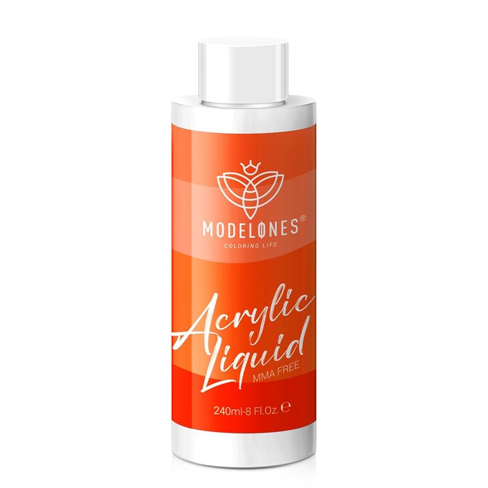 Modelones 8oz monomer liquid bottle showing low odor for comfortable at-home use.