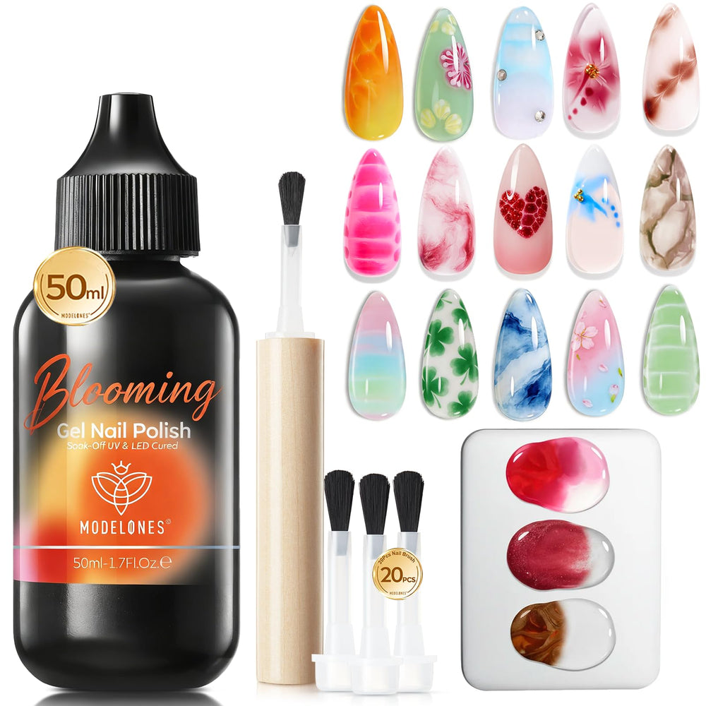 Modelones Blooming Gel 50ml with palette for marbling and gradient nails.