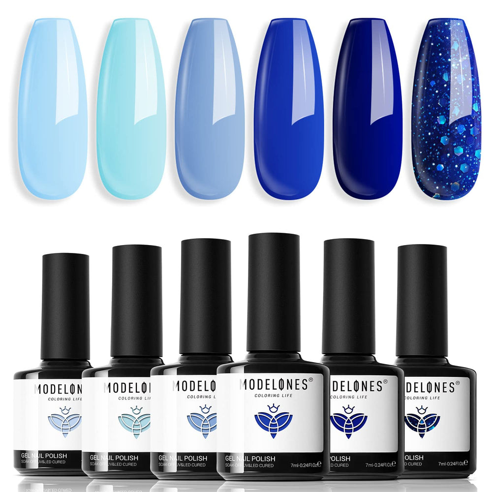 Modelones gel polish set shows a soft baby blue shade for delicate manicures.