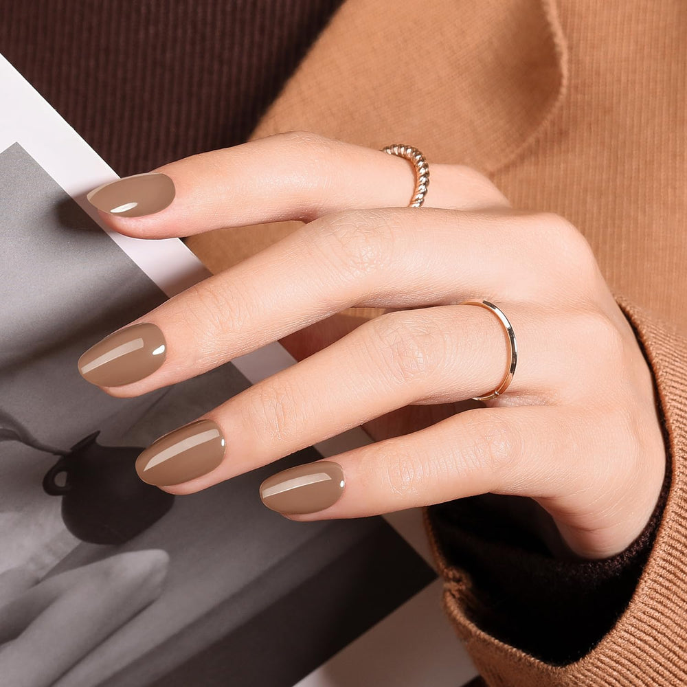 Modelones Brown press-on nails in oval shape, 32-piece set for quick, salon-like manicure at home