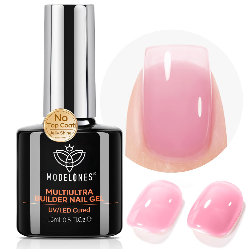 Modelones Builder Nail Gel pink jelly finish for a glossy manicure with no top coat needed.