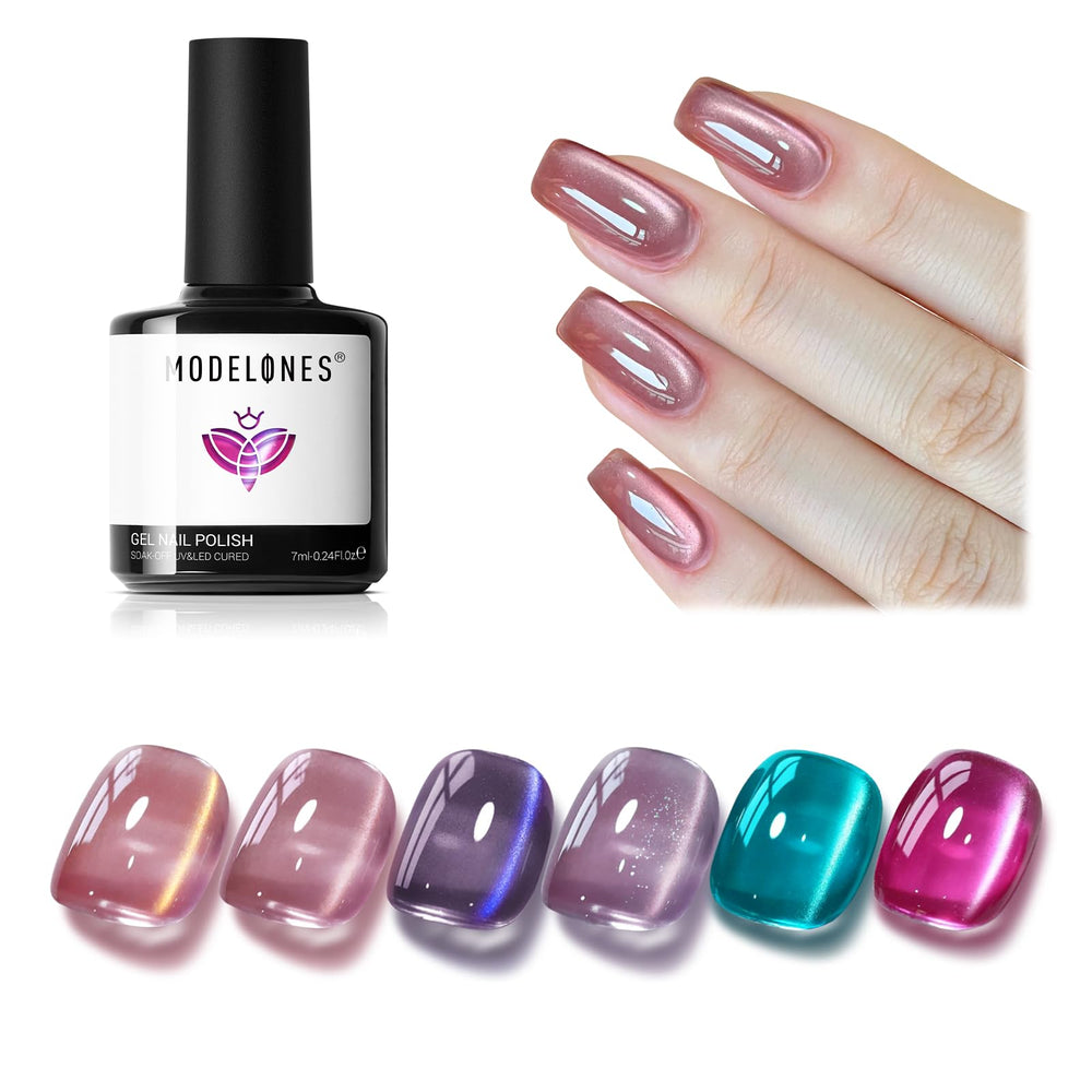 Modelones Cat Eye Gel Nail Polish Set in neon galaxy with magnetic shimmer.