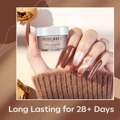 Modelones chocolate brown powder swatch shows natural-looking nude manicure options.