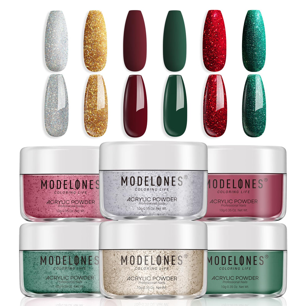 Modelones Christmas colors acrylic powder in 6 shades for festive nail art.