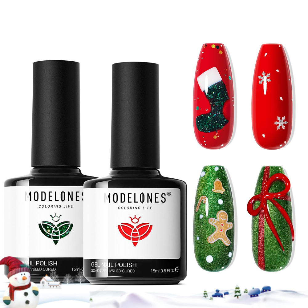 Modelones Christmas gel nail polish set bottles in red and green for holiday manicure.