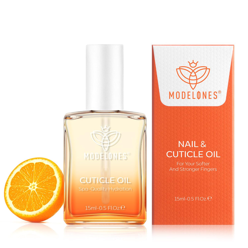 Modelones cuticle oil bottle with rose scent for nourished nails.