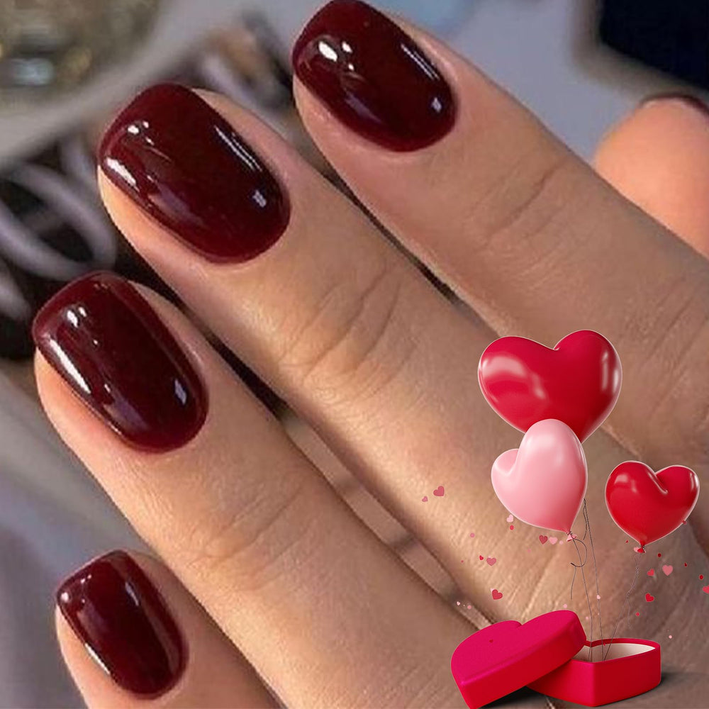 Modelones dark red short square nails kit closeup for stylish daily manicure.