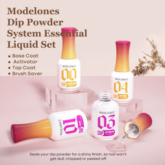 Modelones dip powder top coat delivers a glossy, durable finish.