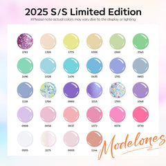 Modelones gel polish bottles arranged showing 28 colors for long-lasting nails.