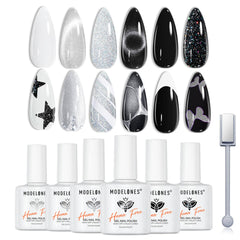 Modelones gel polish collection in six color bottles for salon-quality nails at home.