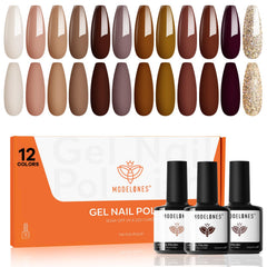 Modelones gel nail polish kit swatches in 12 winter colors for versatile looks.