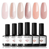 Modelones gel nail polish set swatches with six neutrals for versatile manicures