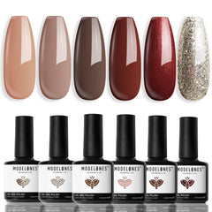Modelones gel nail polish set with nude-brown tones for elegant at-home manicures.