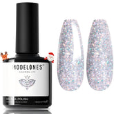 Modelones Glitter Gel Nail Polish pastel silver bottle and swatch showing long-lasting shine