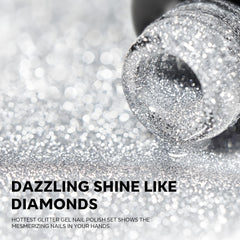 Modelones glitter gel set swatches on nails showing rich shine for expressive styling.