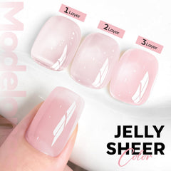 Modelones jelly nude pink gel nail polish swatch for translucent chic nails.