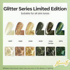 Modelones six-color gel polish collection swatch on nail for vibrant greens and gold.