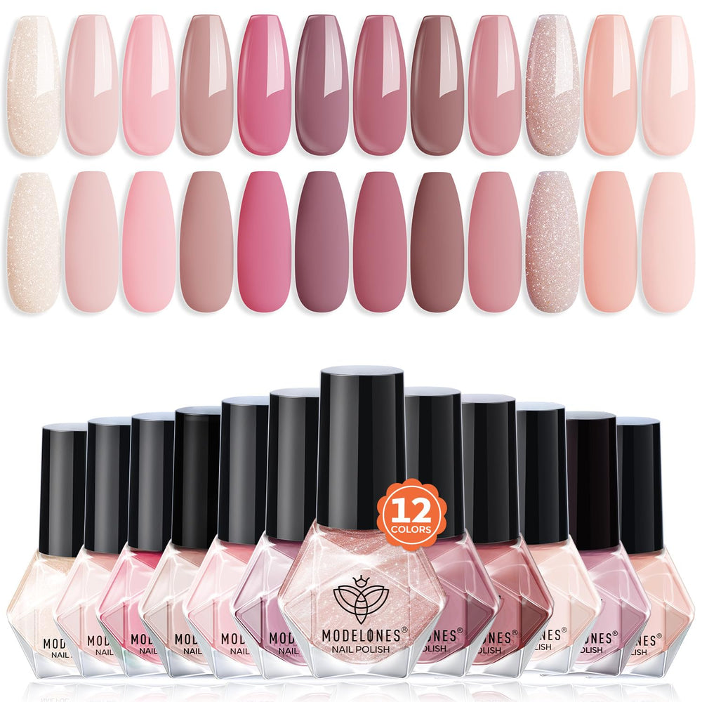 Modelones nail polish set swatch nude pink for everyday wear.