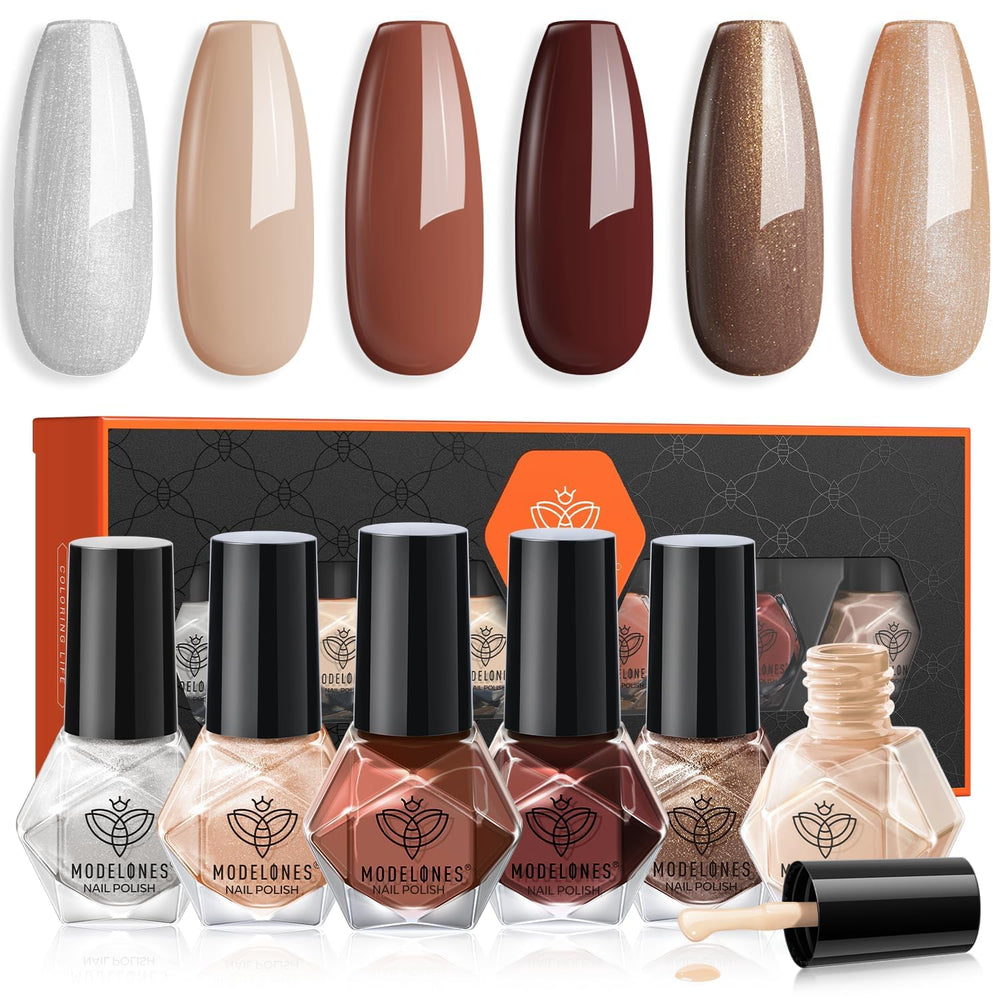 Modelones nail polish set brown nude glitter bottle shown for versatile looks.