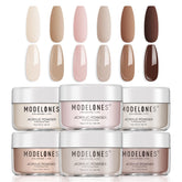 Modelones nude acrylic powder collection swatches showing six versatile nude tones for nails.
