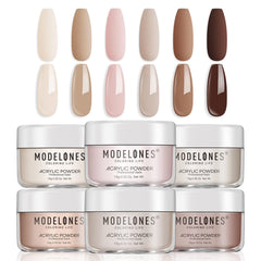 Modelones nude acrylic powder collection swatches showing six versatile nude tones for nails.