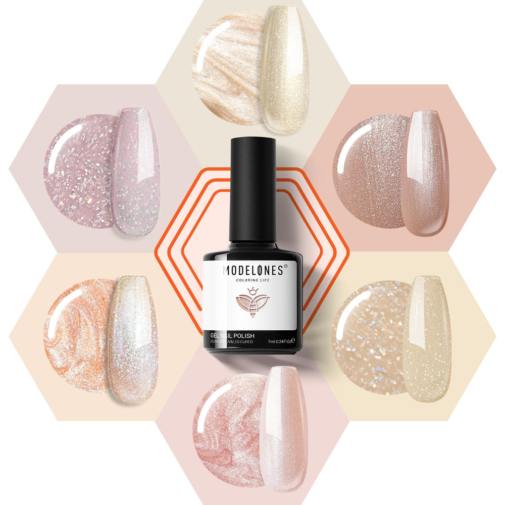 Modelones Nude Glitter collection with six colors for versatile nails.