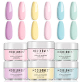 Modelones pastel macaron acrylic powder collection in 6 colors for spring nails.