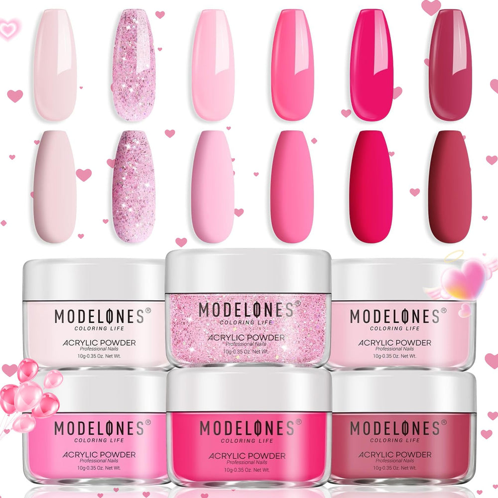 Modelones pink acrylic powder 6-color pack for salon-quality at-home manicure.