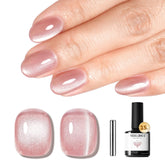 Modelones pink cat eye gel polish magnet close-up shows striking color-shift on nails.