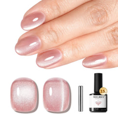 Modelones pink cat eye gel polish magnet close-up shows striking color-shift on nails.