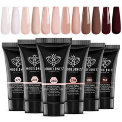 Modelones poly nail gel kit with six nude tones for natural-looking at-home manicures.