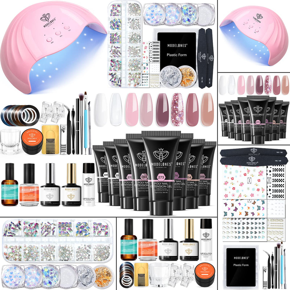 Modelones poly nail gel kit with eight rosy pink colors for versatile at-home manicures.